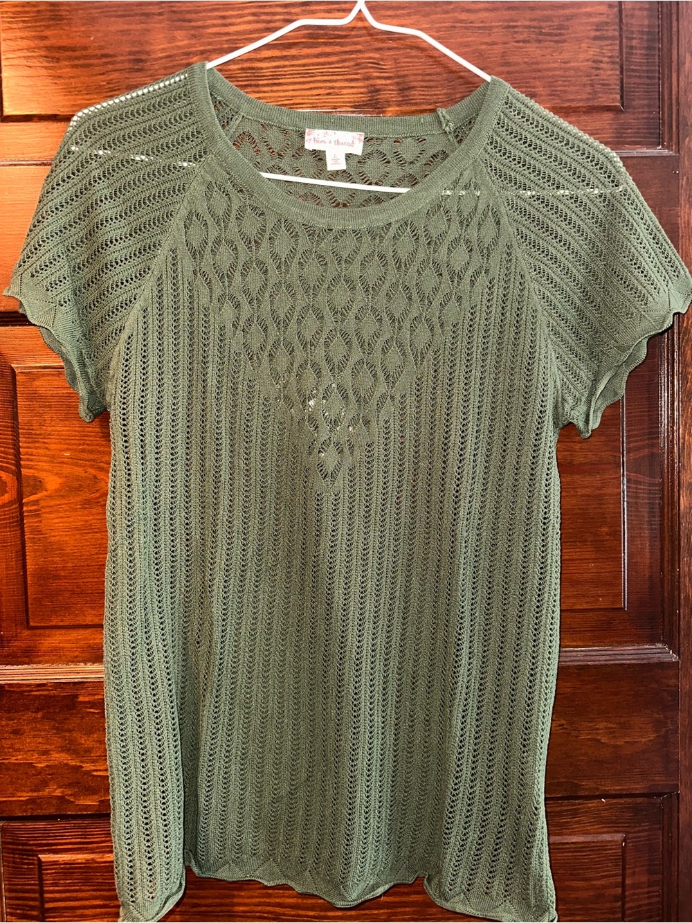 Hem & Thread Olive Green Openwork Crochet Short-Sleeve Top